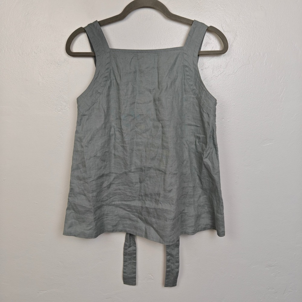 COS Womens Top 6 Sage Green 100% Linen Square Neck Tie Back Minimalist